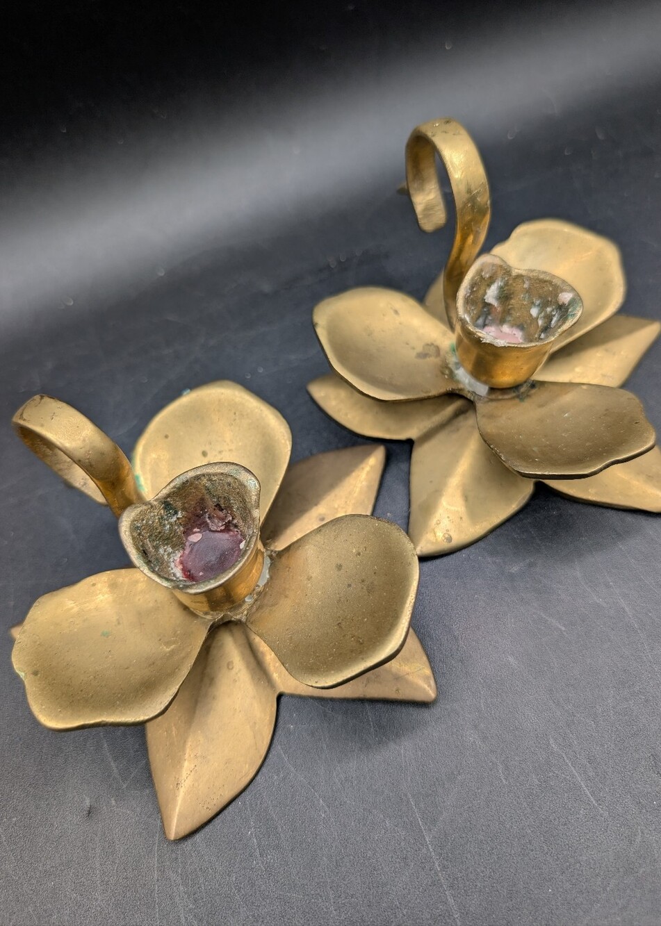 Pair Vintage Brass Orchid Flower Candlestick Holders